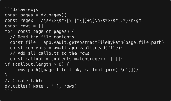 dataviewjs const pages = dv.pages() const regex = REGEX const rows = |] for (const page of pages) { // Read the file contents const file = app.vault.getAbstractFileByPath(page.file.path) const contents = await app.vault.read(file); // Add all callouts to the rows const callout = contents.match(regex) |||]; if (callout.length > 0) { rows.push([page.file.link, callout. join('\n')l)} } // Create table dv.table(['Note' , ''l, rows)