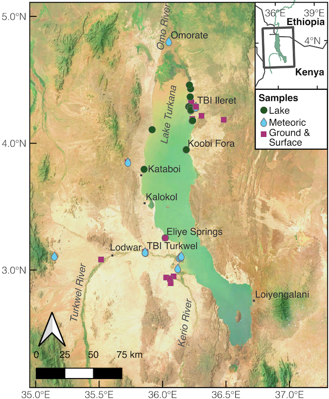 figure 1 from the linked paper, a map showing Lake Turkana and water sampling locations