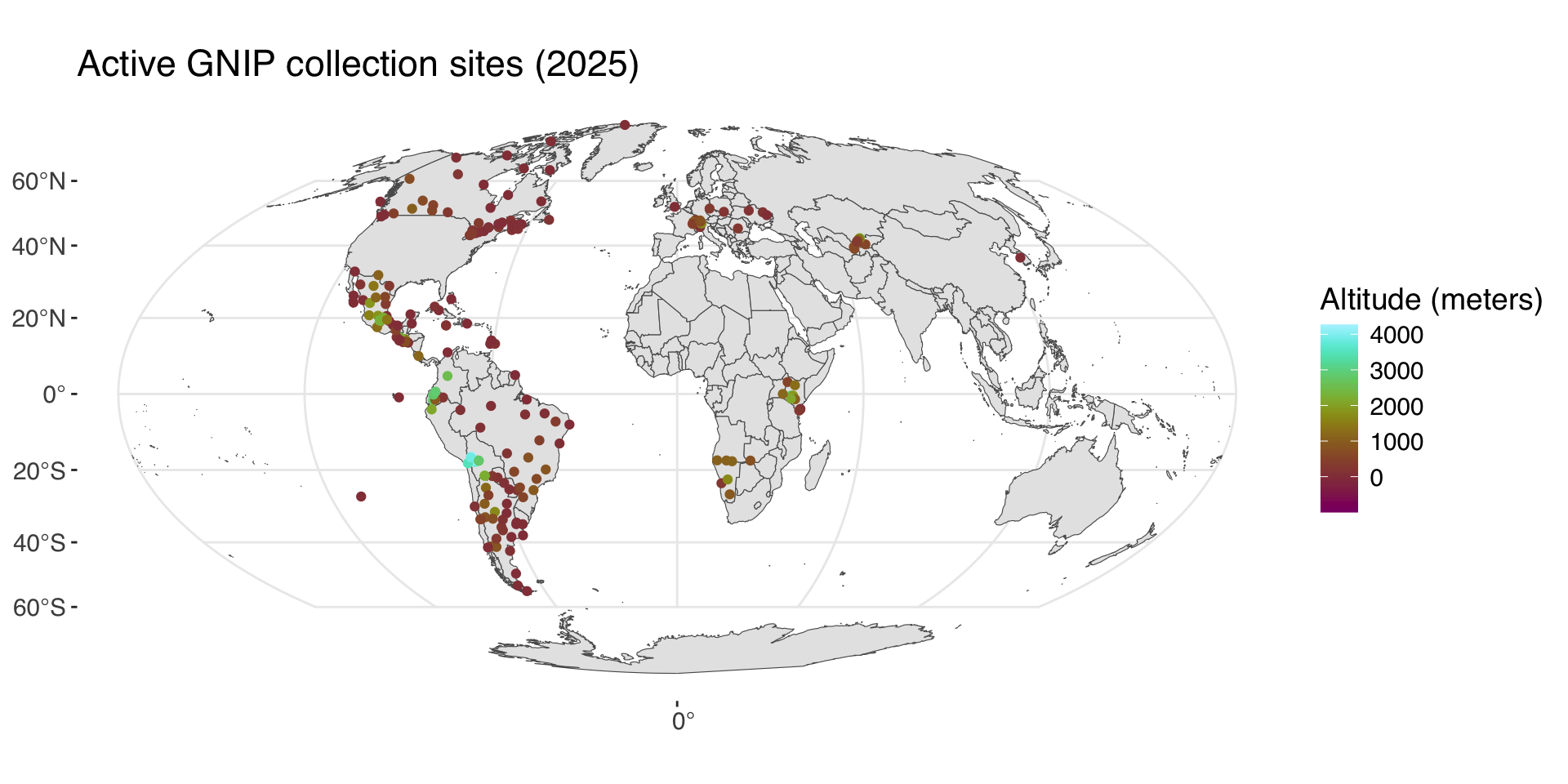 Map of GNIP sites colored by altitude