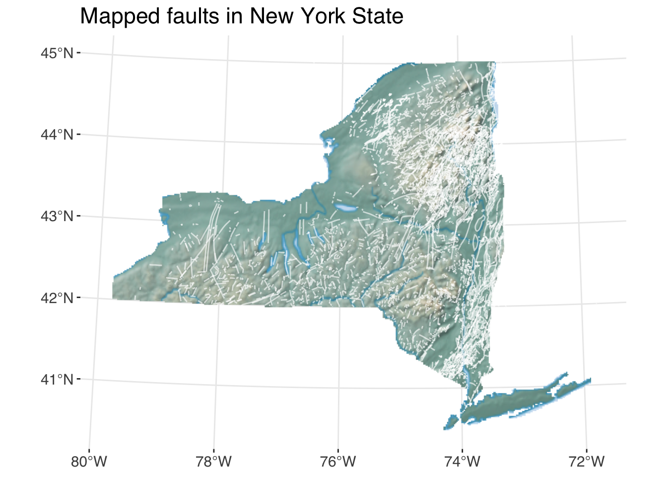 Map of faults in New York State with land cover shading